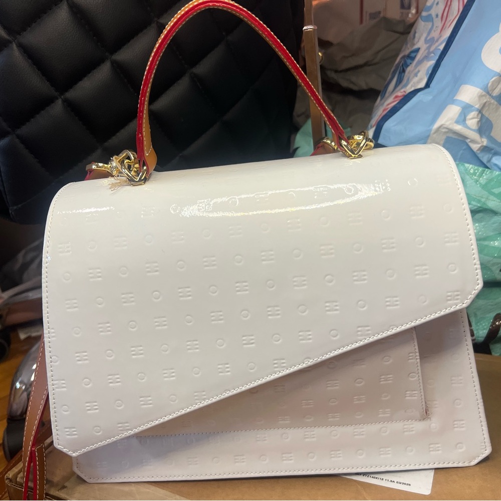 Arcadia Italian patent leather satchel bag white NWT retail $498 - Picture 10 of 16